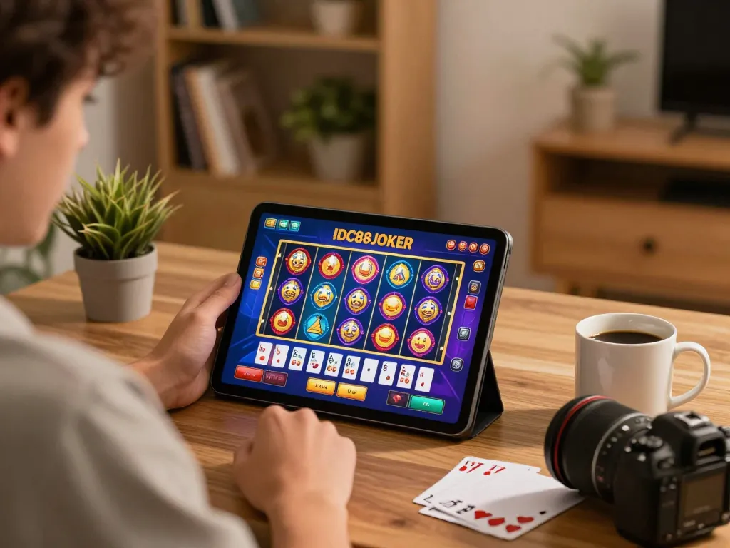 Play games on IDC88JOKER with vibrant slots displayed on a tablet, showcasing online gaming