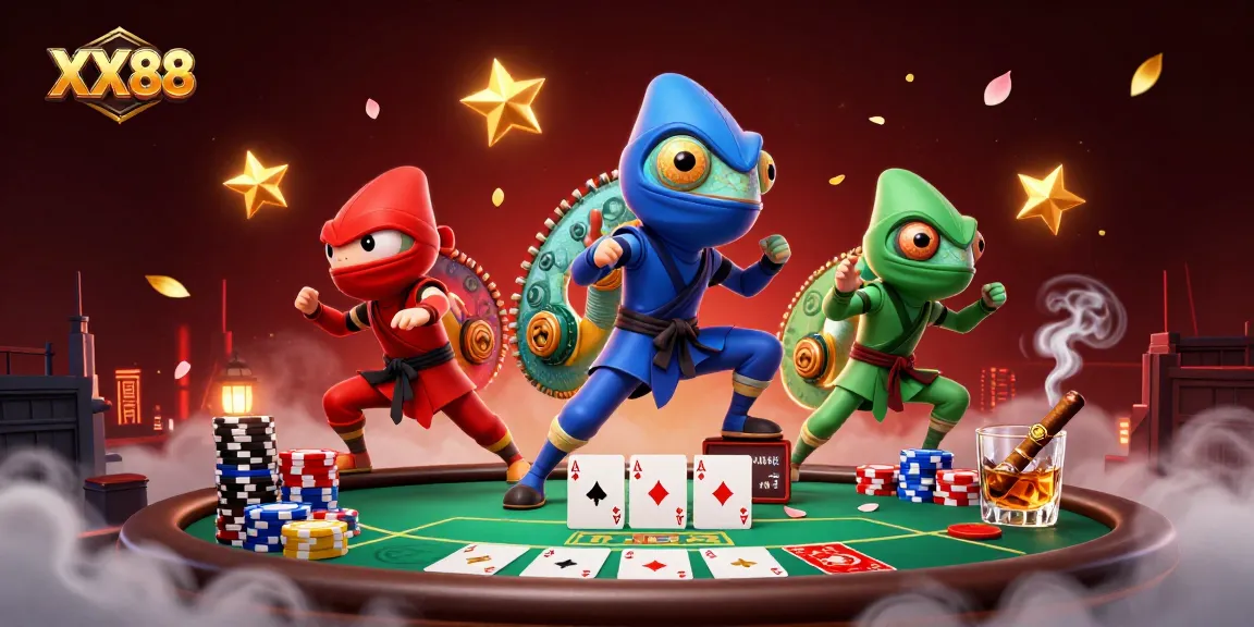 Engage with the action at XX 88 featuring ninja chameleons amidst vibrant casino elements.