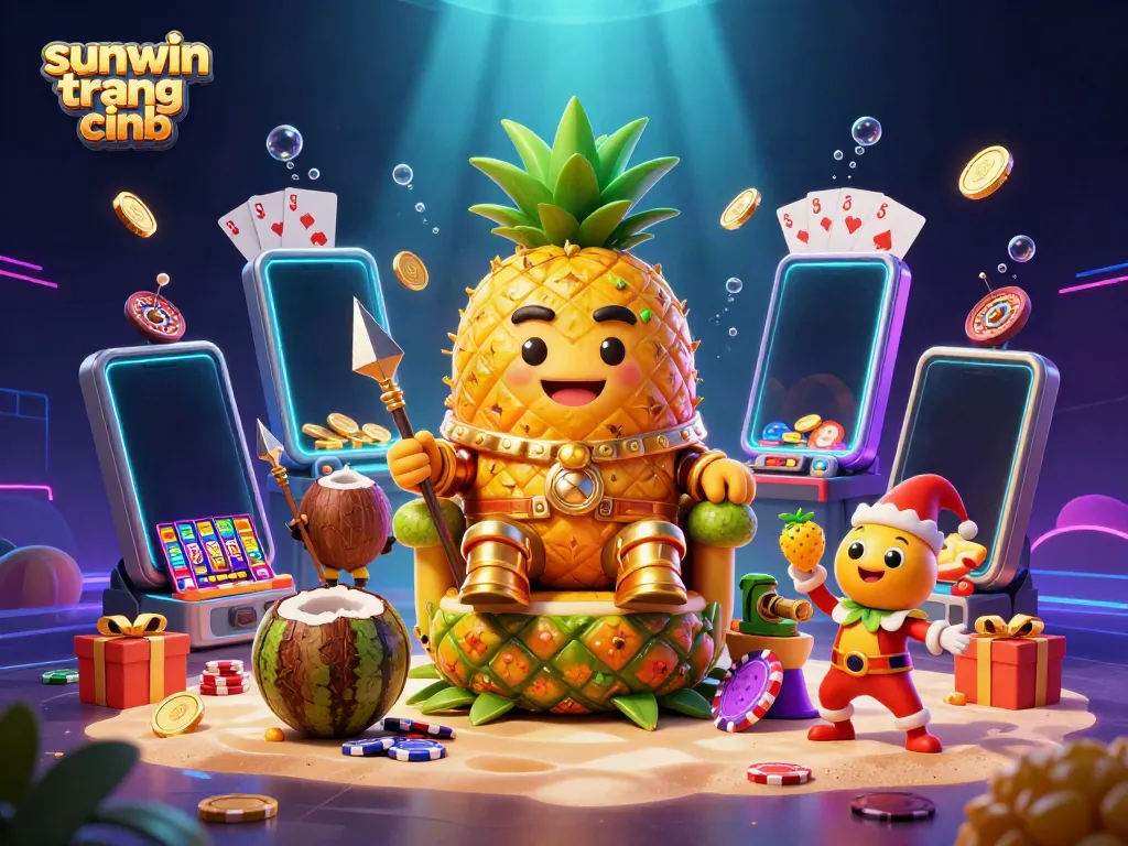 Play exciting games on sunwin trang chính with the vibrant pineapple king and lively characters in a dynamic casino setting.