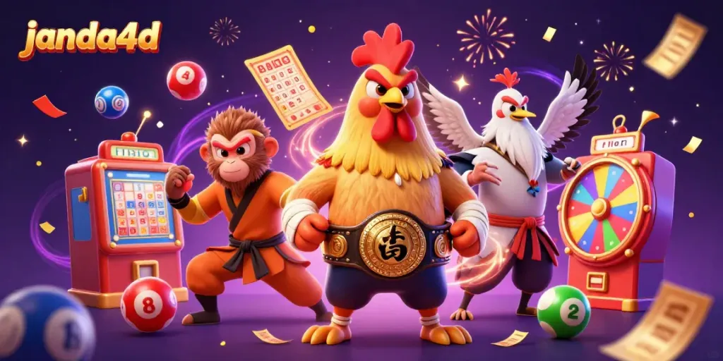 Menyaksikan Janda4D menggandeng ayam aduan, monyet kungfu, dan burung cranes dalam perayaan perjudian dengan bola lotere berwarna-warni.