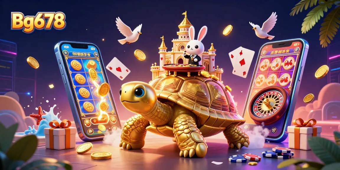 Bg678 players enjoy exciting casino games with golden tortoise and rabbit dealer at a vibrant game scene.