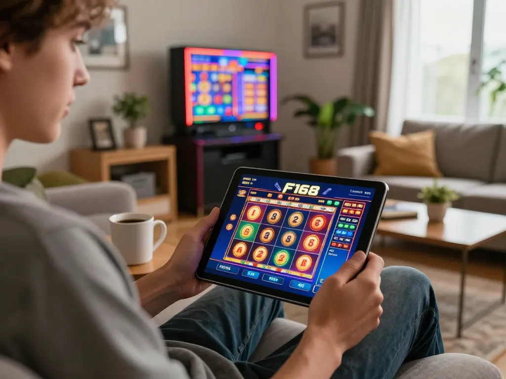 Player engaging with the F168 casino app on tablet amidst an inviting home gaming setup.