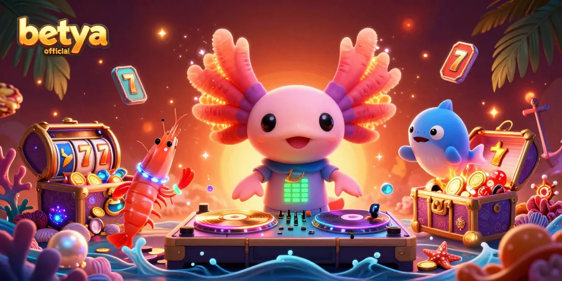 Experience thrilling fun with betya official as a DJ axolotl spins slots and gems in a vibrant underwater scene.