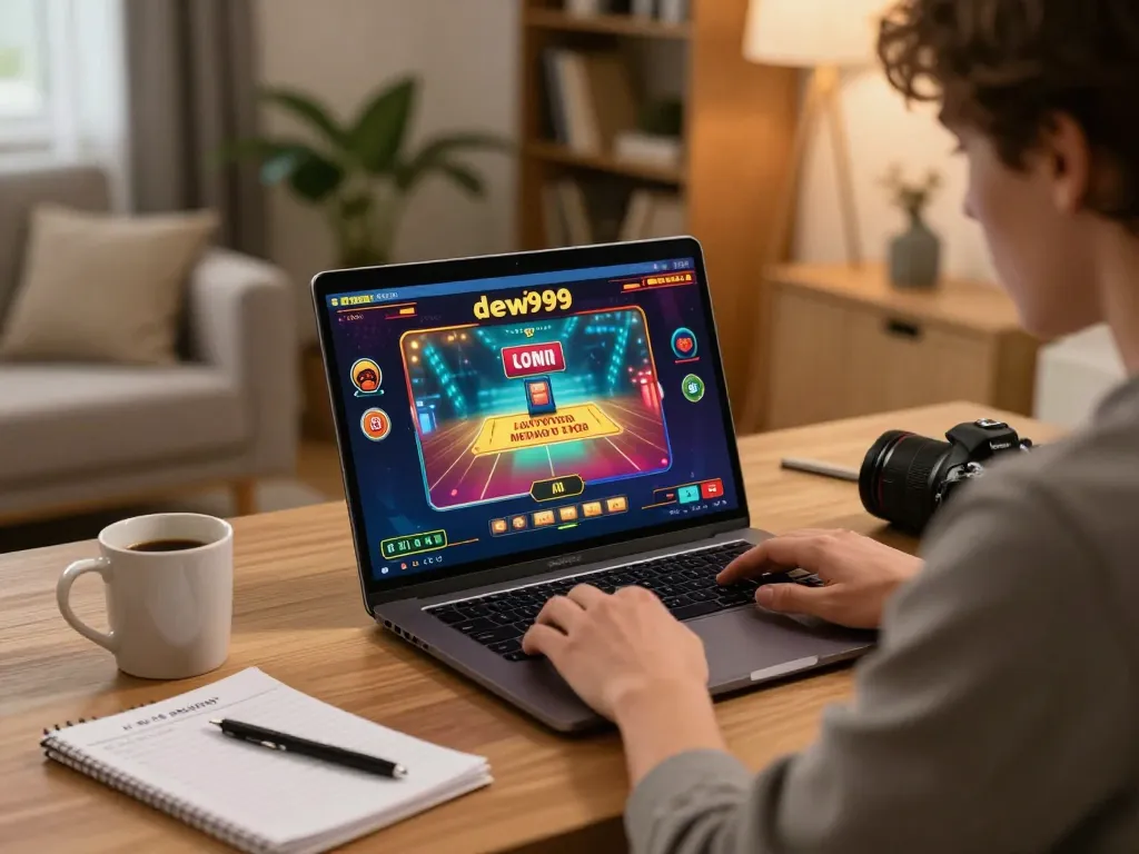 Sesi permainan online Dewi999 menunjukkan seorang pemain terlibat dengan poker di laptop, dengan catatan dan suasana rumah yang hangat.