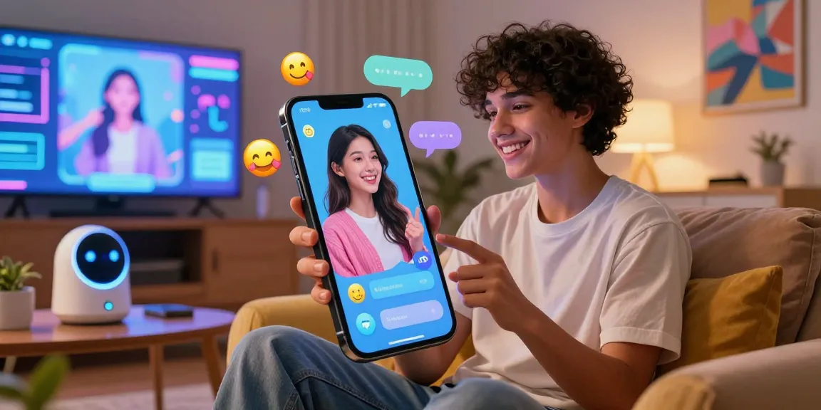 Engaging interaction with an AI girlfriend in a cozy digital lounge with a futuristic smartphone.