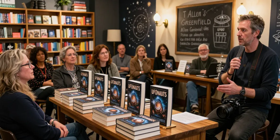 Engage with T Allen Greenfield at https://tallengreenfield.com during his book event discussing spirituality and UFO phenomena.