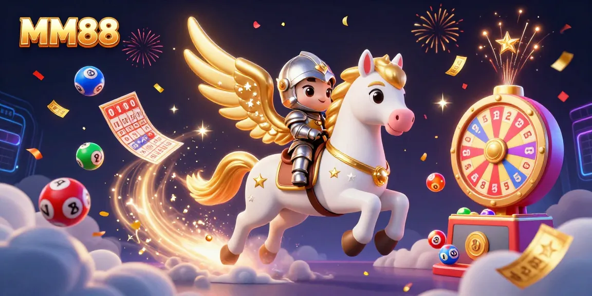 Experience thrilling play at MM88 with a dynamic scene of a knight and a celestial horse amidst colorful lottery elements.