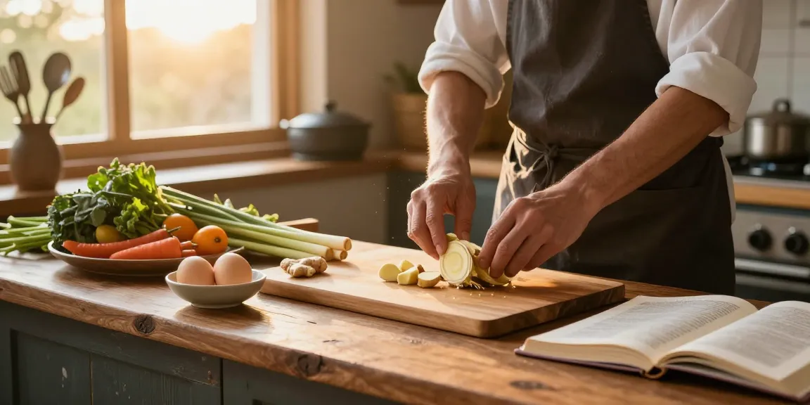 Healthy cooking scene featuring ginger and eggs, emphasizing สล็อต.
