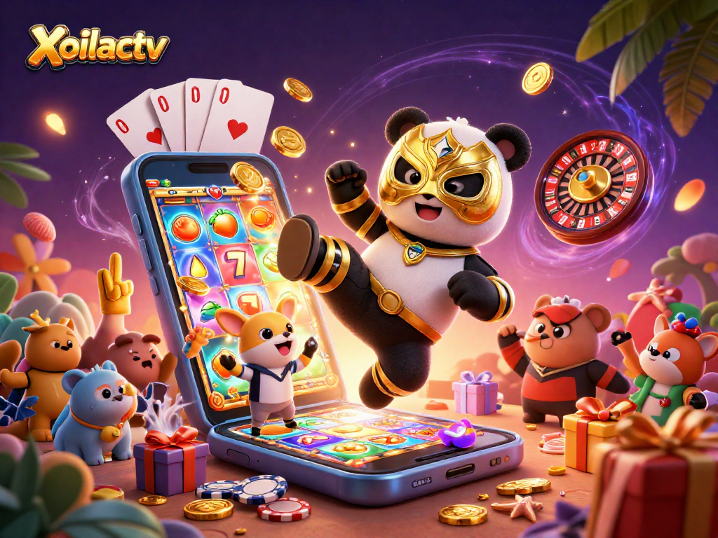 Xoilactv showcases a dynamic 3D scene of a wrestling panda surrounded by casino elements and excited animal fans.