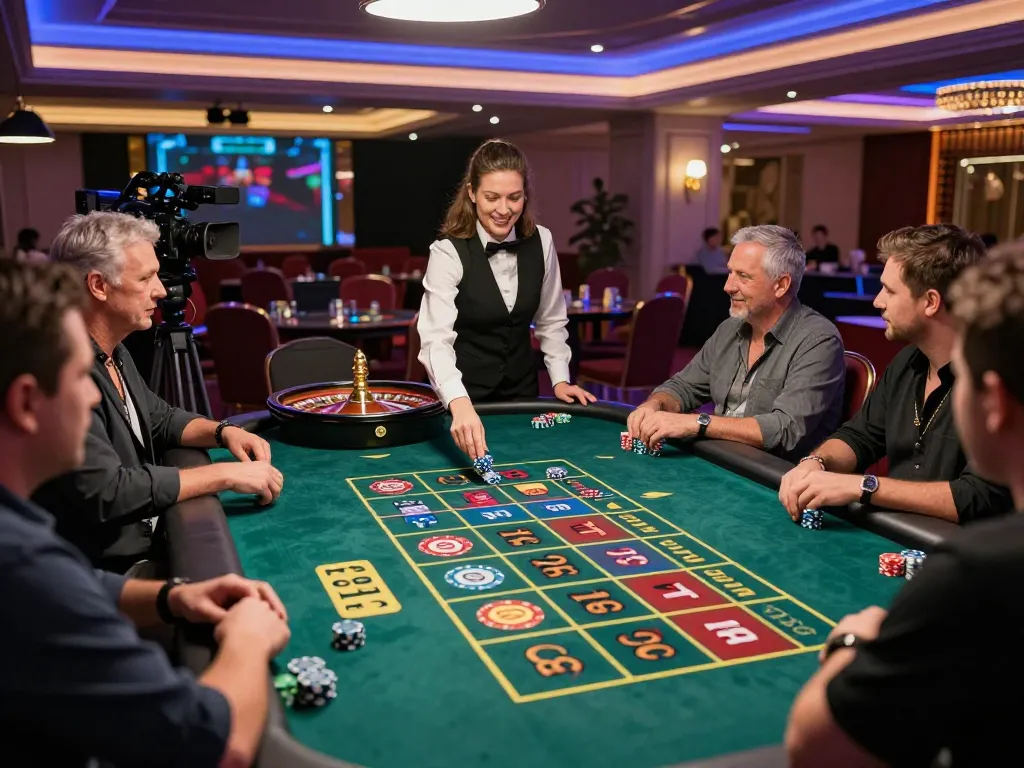 Players enjoying thrilling gameplay at FB88's live dealer roulette table, showcasing a vibrant casino atmosphere.