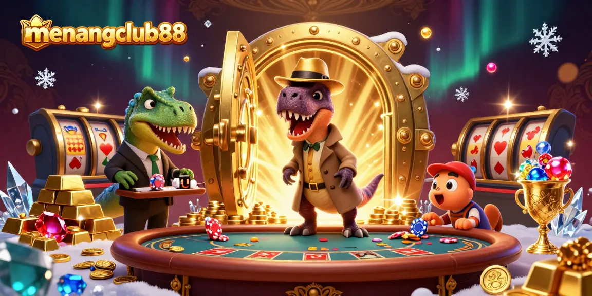 Experience the excitement of menangclub88 as a velociraptor card counter and a stegosaurus pit boss interact at a vibrant casino scene.