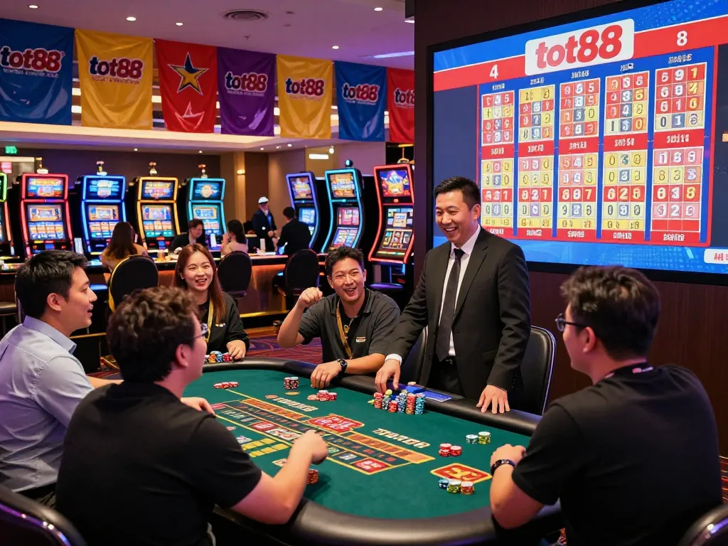 Excited crowd celebrating as the tot88 lottery numbers are revealed in a lively casino atmosphere.