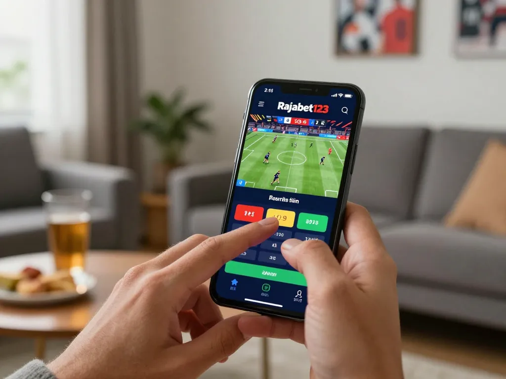 Engaged user placing a bet on Rajabet123 mobile app during live sports event, vibrant scene of sports betting action