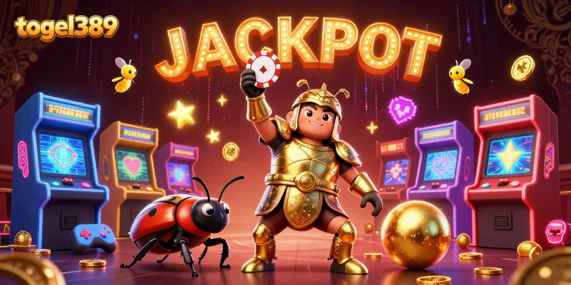 Togel389 triumphantly illustrates a golden-armored beetle and colorful gaming elements in a dynamic casino setting.