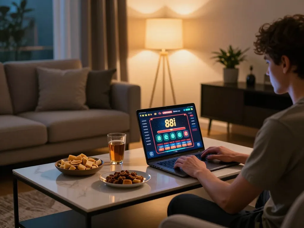 Engaging online gambling session at home with aa88i casino interface on display, showcasing a cozy gaming atmosphere