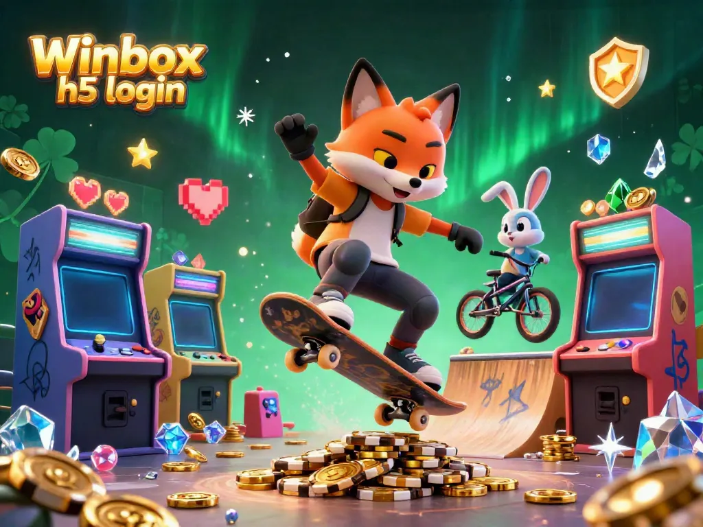 Join the action with Winbox h5 login as the skateboarder fox performs tricks over poker chips in a vibrant casino scene.