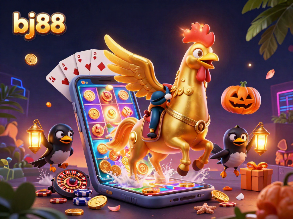 Experience thrilling gameplay at bj88 with a vibrant casino scene featuring slot games and golden rewards.