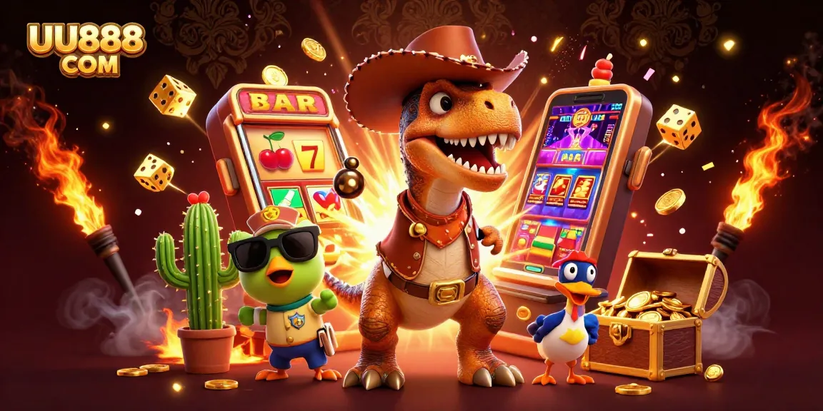 Spin the slots at UU888 COM with a cartoon T-Rex, cactus, and roadrunner in a dynamic casino scene.