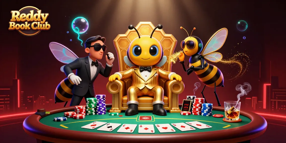 Reddy Book Club showcases a vibrant poker scene with a mob boss and wasp bodyguards in a dynamic illustration.