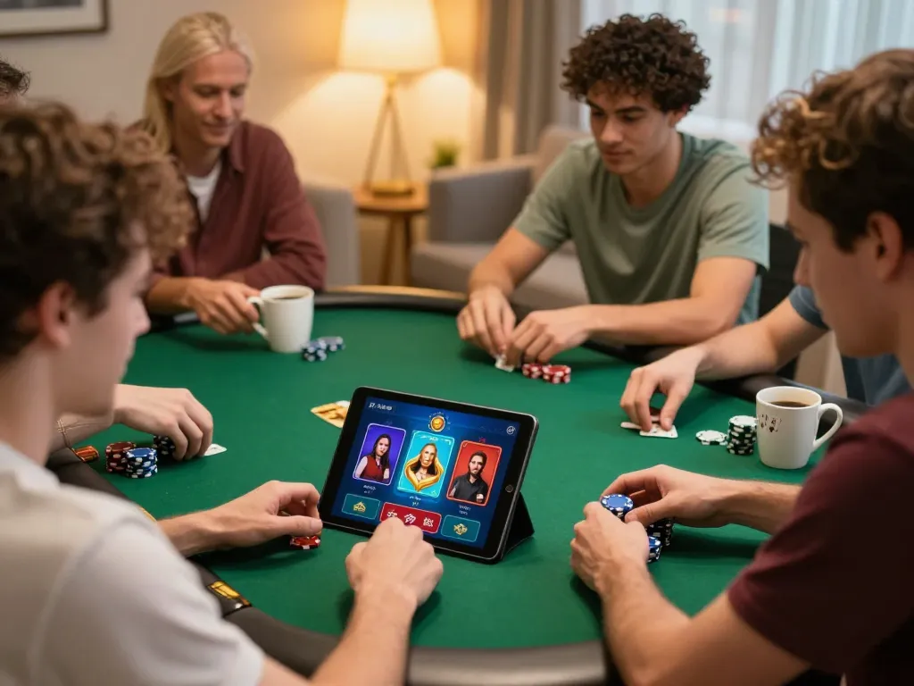Players enjoying F168’s casino app for an engaging poker game in a cozy home setting