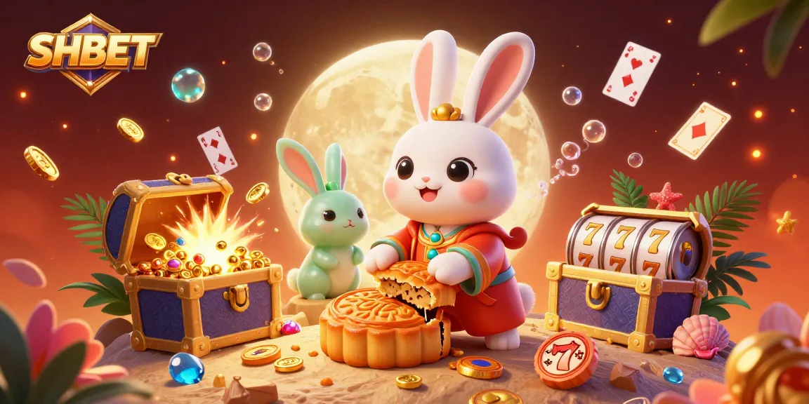 Engage with SHBET's thrilling casino experience as the moon rabbit reveals poker chips amidst golden treasures.