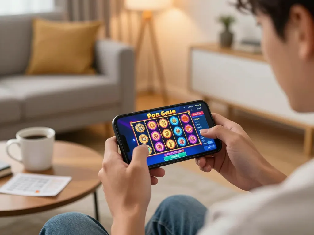 Playing a Pinoy Casino Game on a smartphone in a cozy living room, highlighting personal enjoyment and responsible gaming.