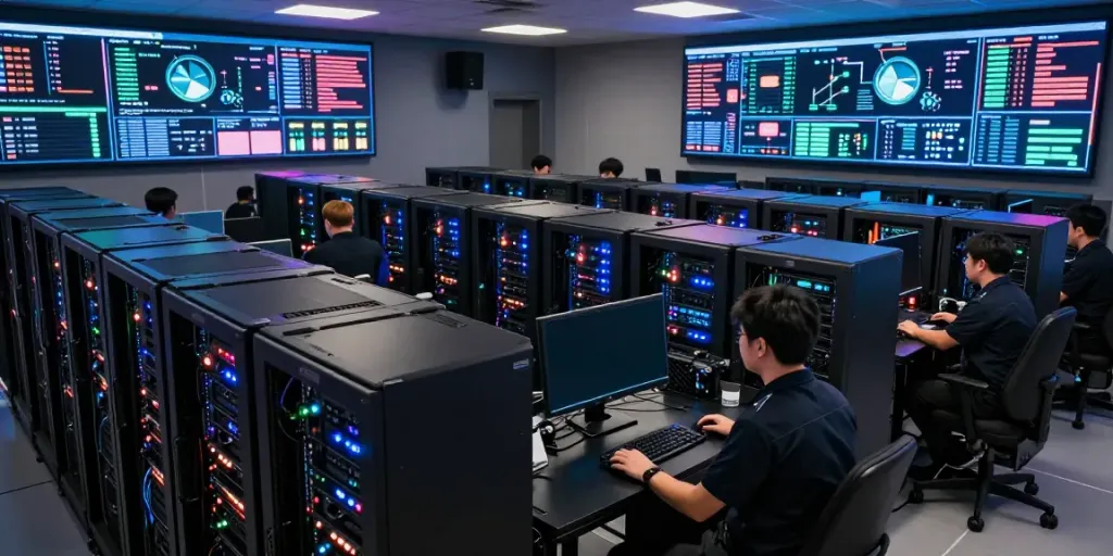 High-tech QQMacan gaming infrastructure with advanced servers and real-time data displays.