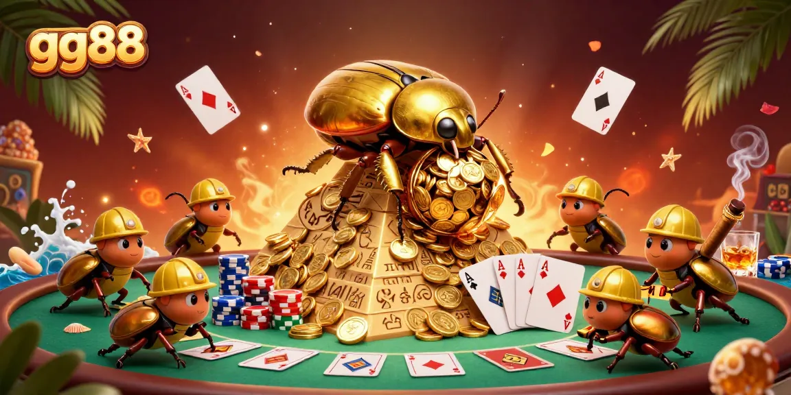Experience the richness of gg88 with a golden dung beetle and casino symbols.