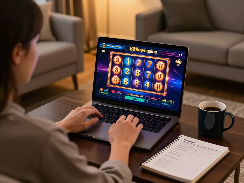 Person interacting with 888newcasino on laptop, enjoying online gaming experience in cozy living room.