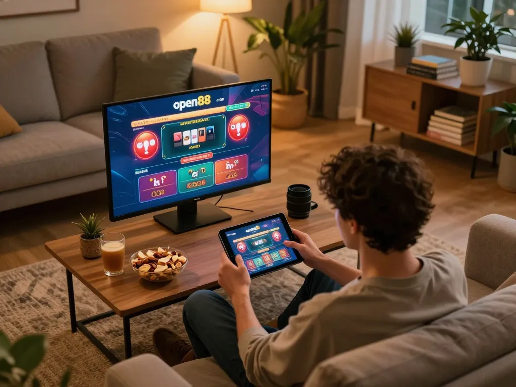 Engaging scene of a player enjoying open88 com online casino on a tablet in a cozy home setup.