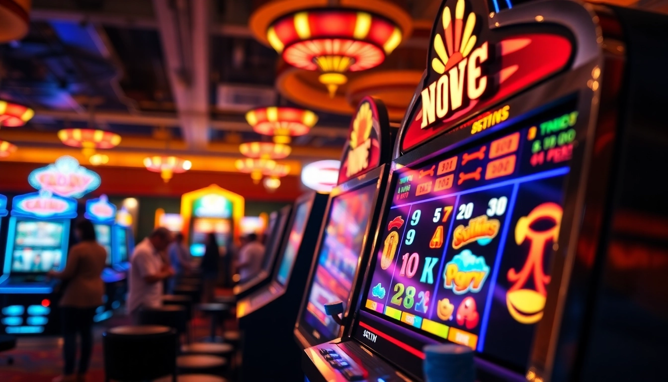 Menampilkan slot mesin judi dengan grafik yang berwarna-warni dan suasana kasino yang ramai.