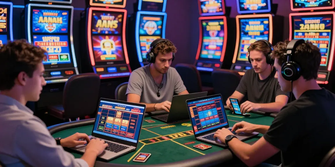 Players enjoying games on devices highlighting the excitement of online credit card casinos, featuring a variety of gaming elements and vibrant digital atmosphere.