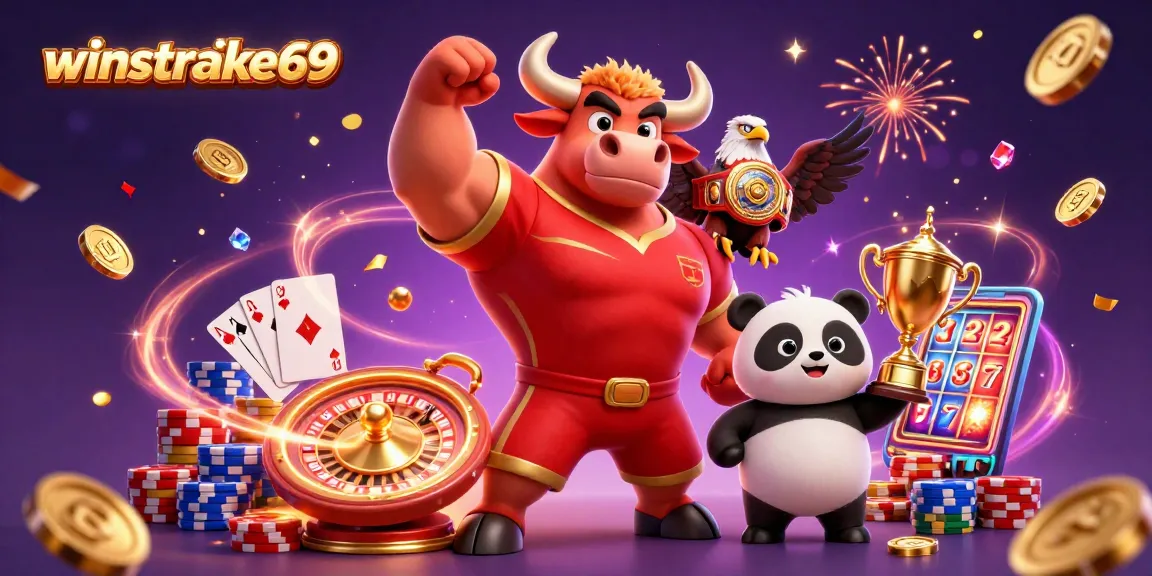 winstrike69 celebrates with a bull mascot, eagle, and panda in vibrant casino scene.