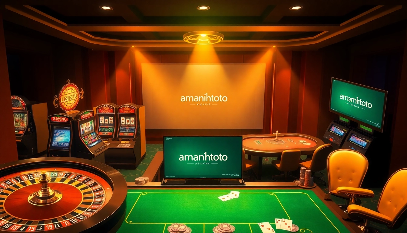 Experience the thrill of amanahtoto with vibrant gaming visuals showcasing roulette, slots, and online interfaces.