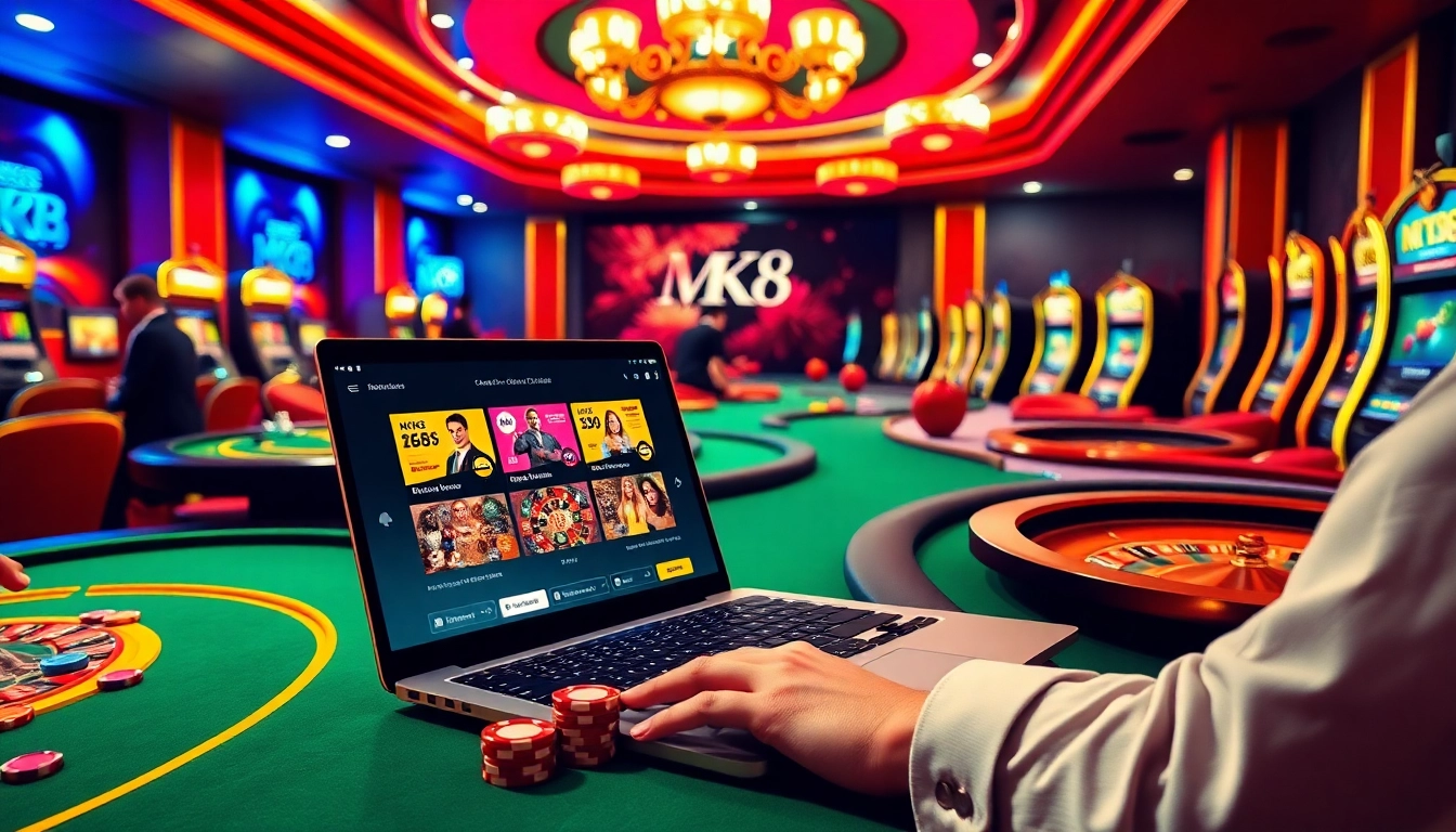 Players enjoying MK8 เครดิตฟรี at a luxurious casino table, engaging in various games.