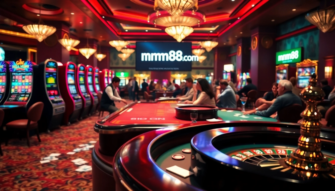 Engaged players enjoying games at MM88 com's luxurious casino setting, featuring poker and slot machines.