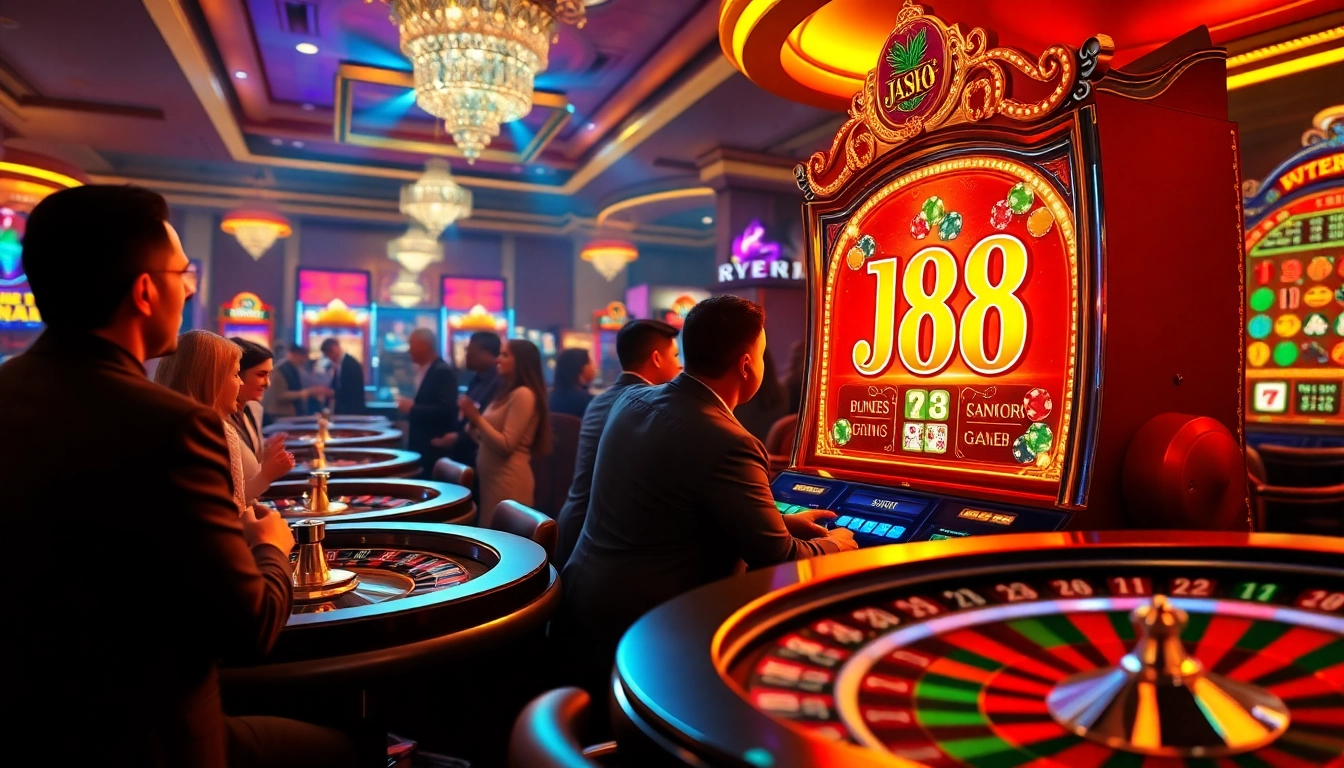 Players enjoying a thrilling j88-themed slot machine in a luxurious casino setting.