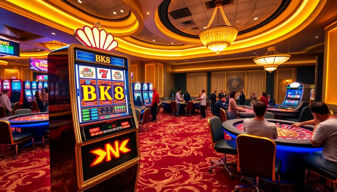 Engaging players enjoying BK8 slot machines in a vibrant casino setting with colorful gaming elements.