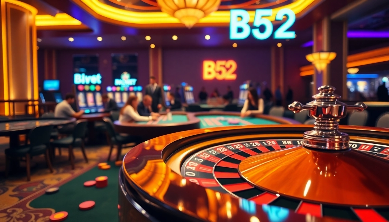 Experience the thrill of B52 gambling with vibrant casino tables and enthusiastic players.