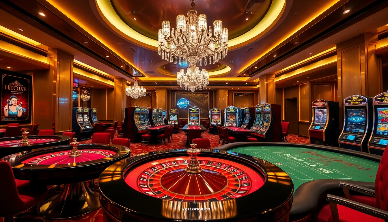 Hitclub casino ambiance showcasing lively roulette and poker tables, immersed in luxury.