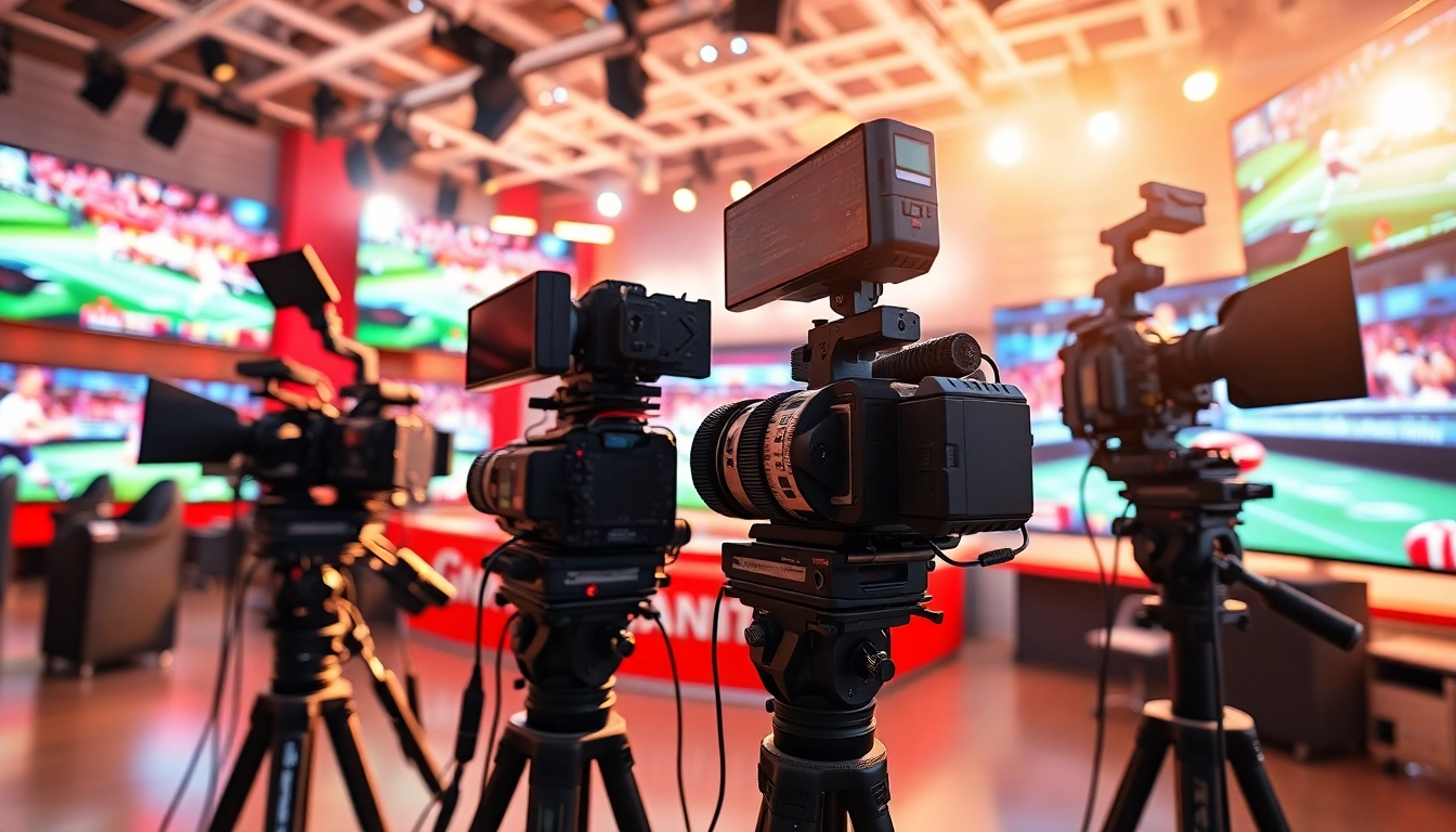 Engaging sports broadcasting setup with high-definition cameras and vibrant screens.