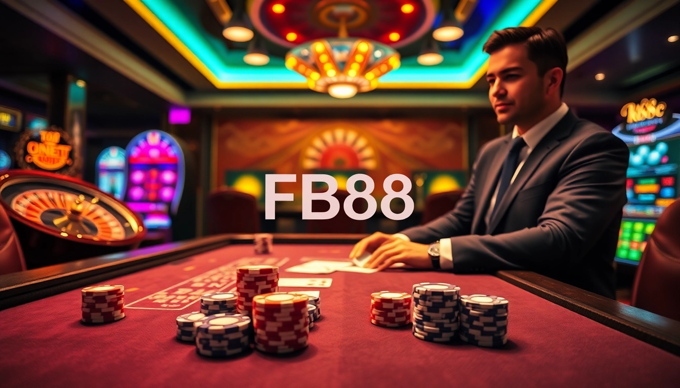 A gambler enjoying a thrilling experience at FB68 casino's vibrant poker table with colorful chips.