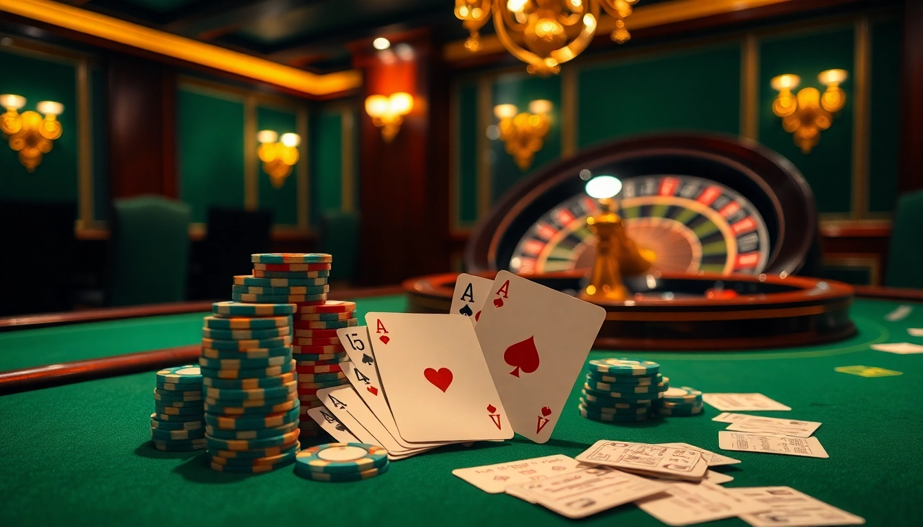 Engage with kèo nhà cái 5 at a luxurious casino featuring poker chips and cards in action.