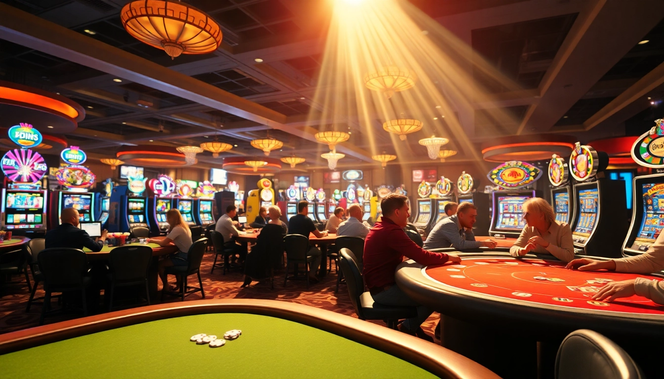 優塔娛樂城中的玩家聚集在色彩鮮豔的遊戲桌旁參加賭博活動。