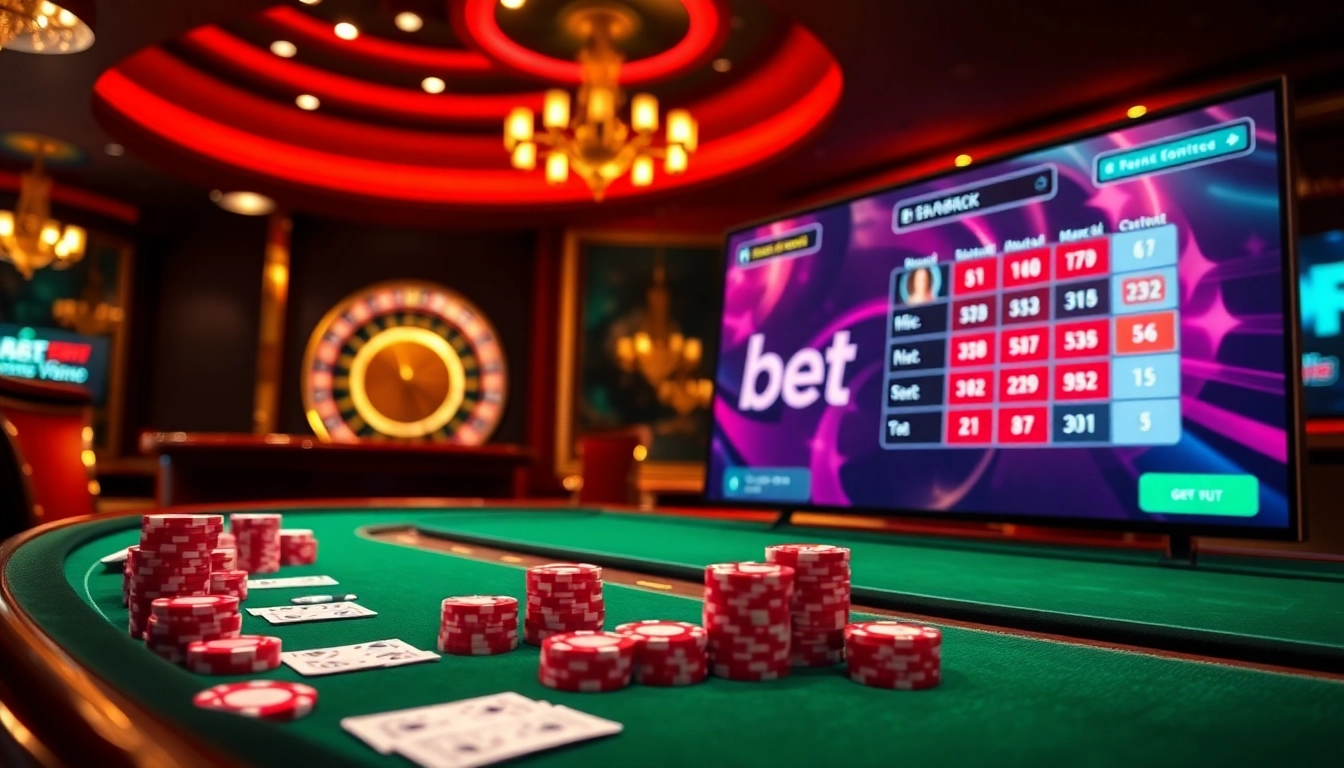 Engaging F8bet casino scene with poker chips, cards, and roulette wheel.