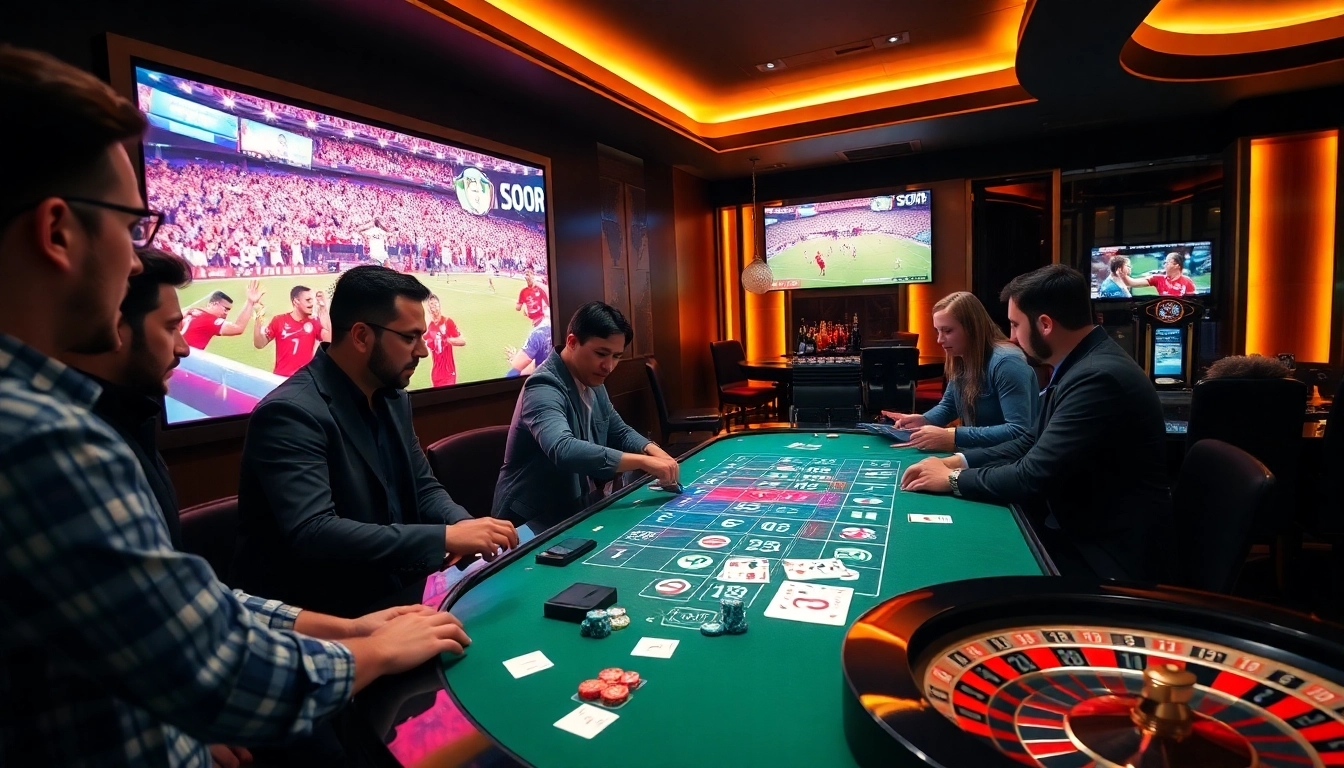 Betting excitement at a luxurious casino table featuring แทงบอลโลก, soccer odds, and engaging gamblers.