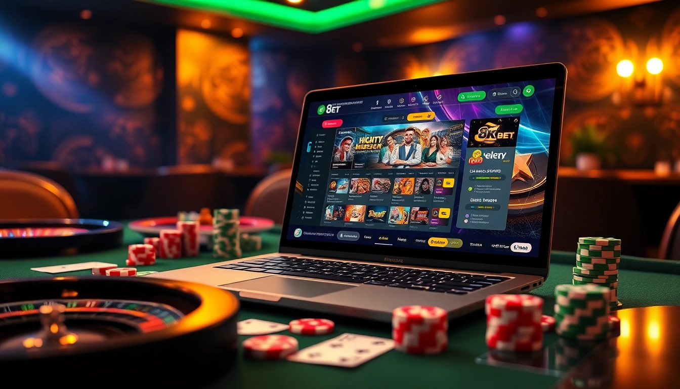 Experience the excitement of 8kbet with vibrant casino elements like poker chips and roulette wheels.
