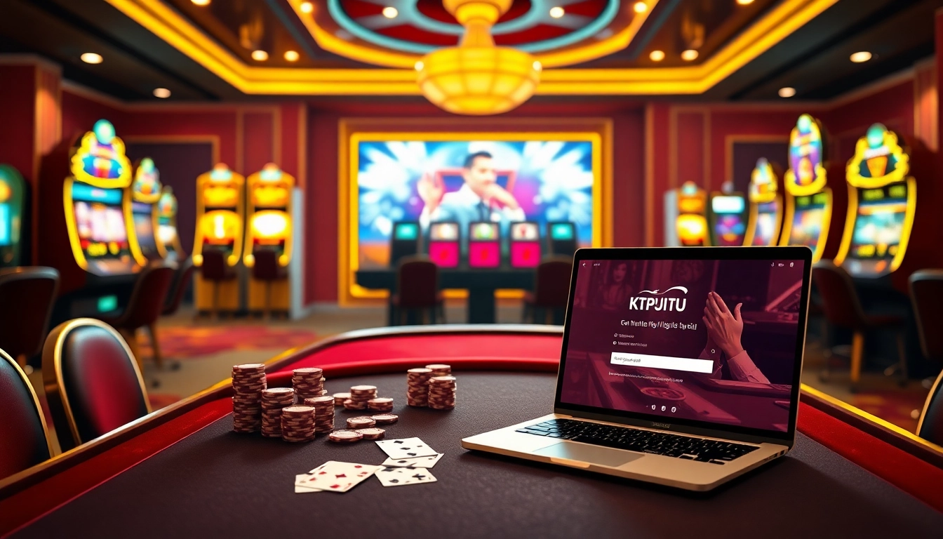 KTPJITU login interface among glamorous casino elements showcasing high-stakes poker chips and slot machines.
