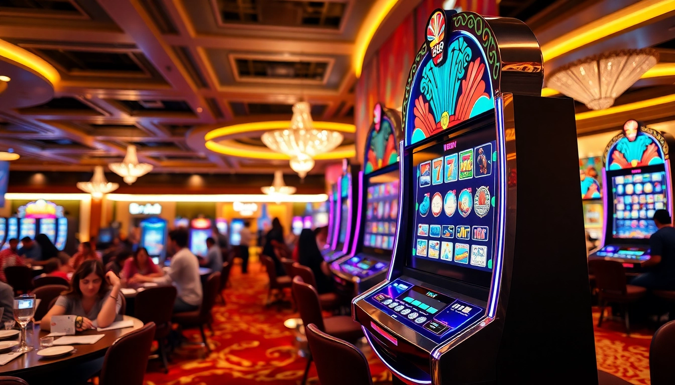 Engaging with the IDN slot machine in a vibrant casino environment filled with excitement.