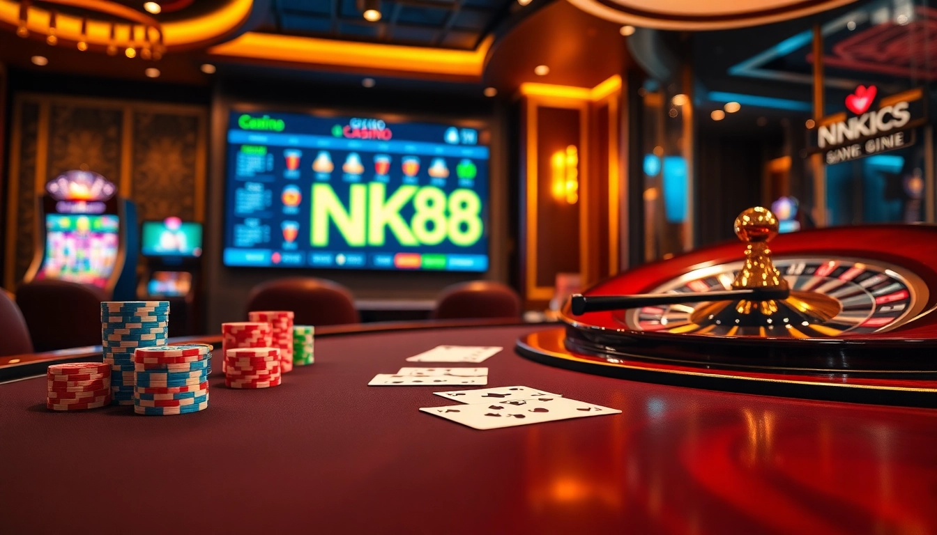 Engaging nk88 casino gameplay featuring vibrant poker chips, spinning roulette wheel, and live betting interface
